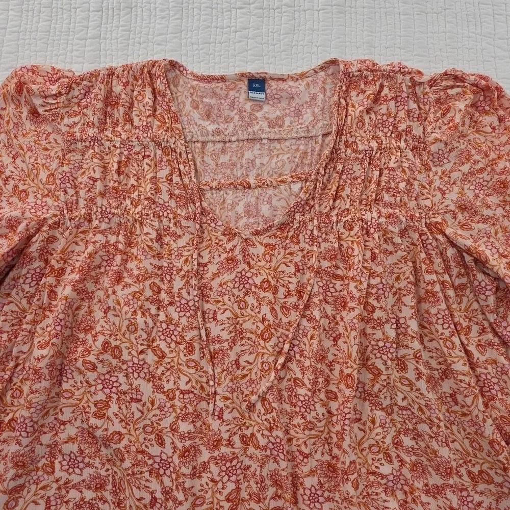 Old‎ Navy Puff Sleeve Tunic Blouse Womens XXL Orange Floral 3/4 Sleeve Bohemian